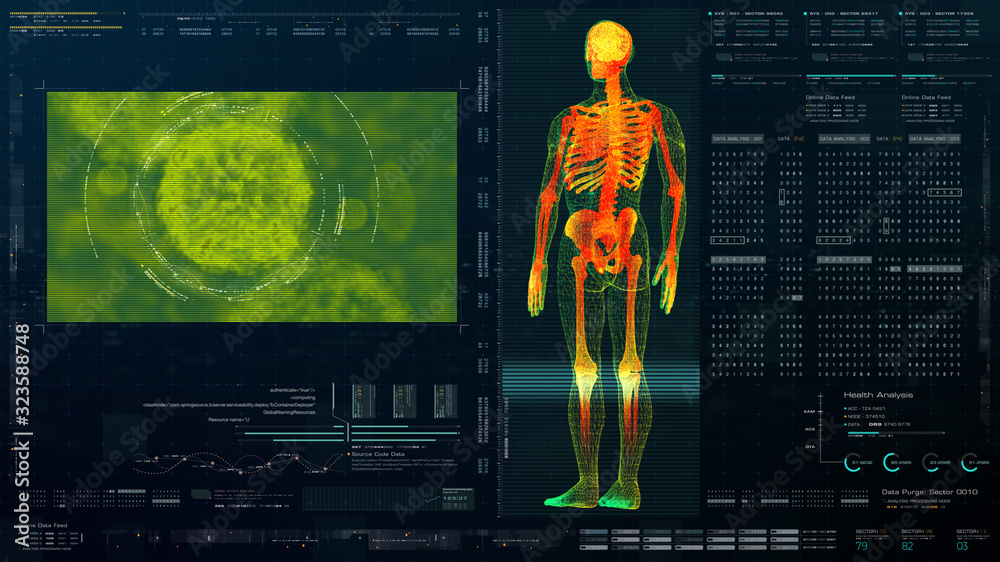 Poster Futuristic head up display motion element virtual biomedical holographic human body scan neurological examination, axial skeleton, vertebral column, DNA and heart diagnostic for background display