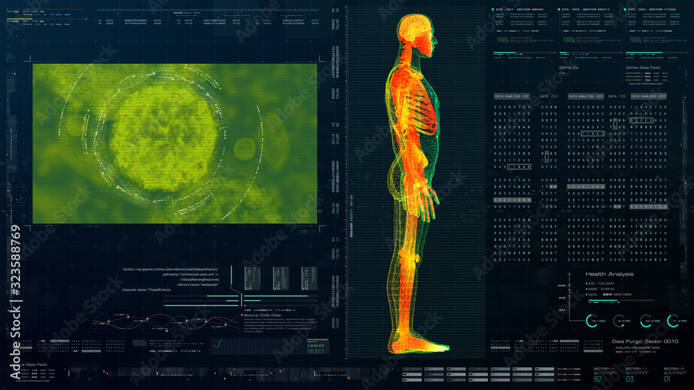 Poster futuristic head up display motion element virtual biomedical holographic human body scan neurologica