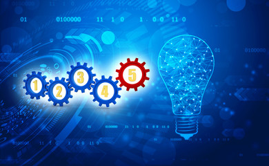Obraz premium Steps 1 to 5 Numbers Gears Process System Procedure, gear mechanism concept. 3d Illustration