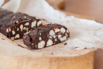 Chocolate dessert with a crumb of cookies 