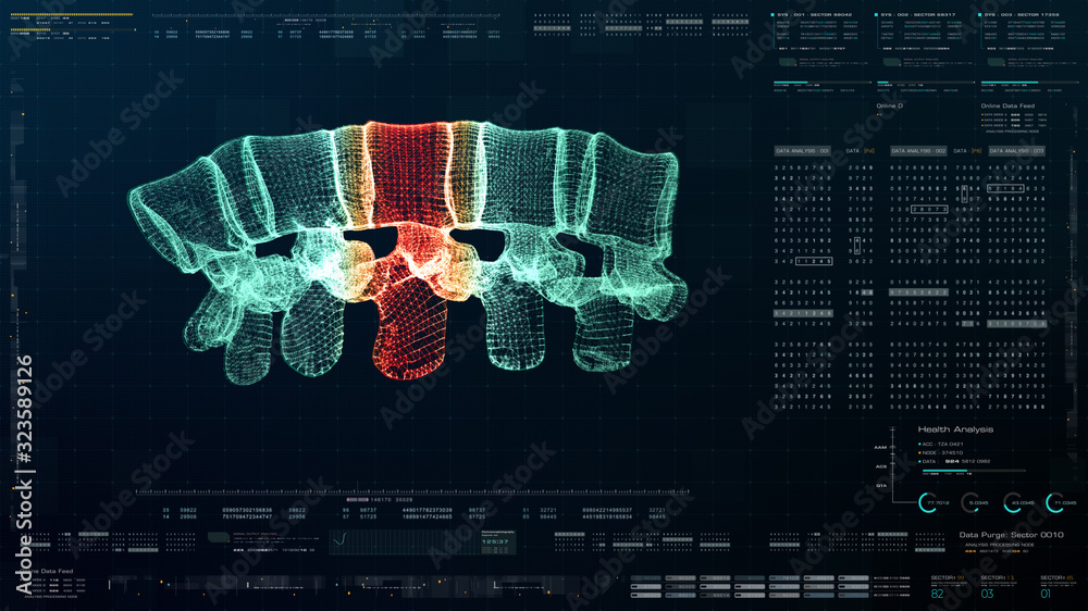 Poster Futuristic head up display motion element virtual biomedical holographic human body scan neurological examination, axial skeleton, vertebral column, DNA and heart diagnostic for background display