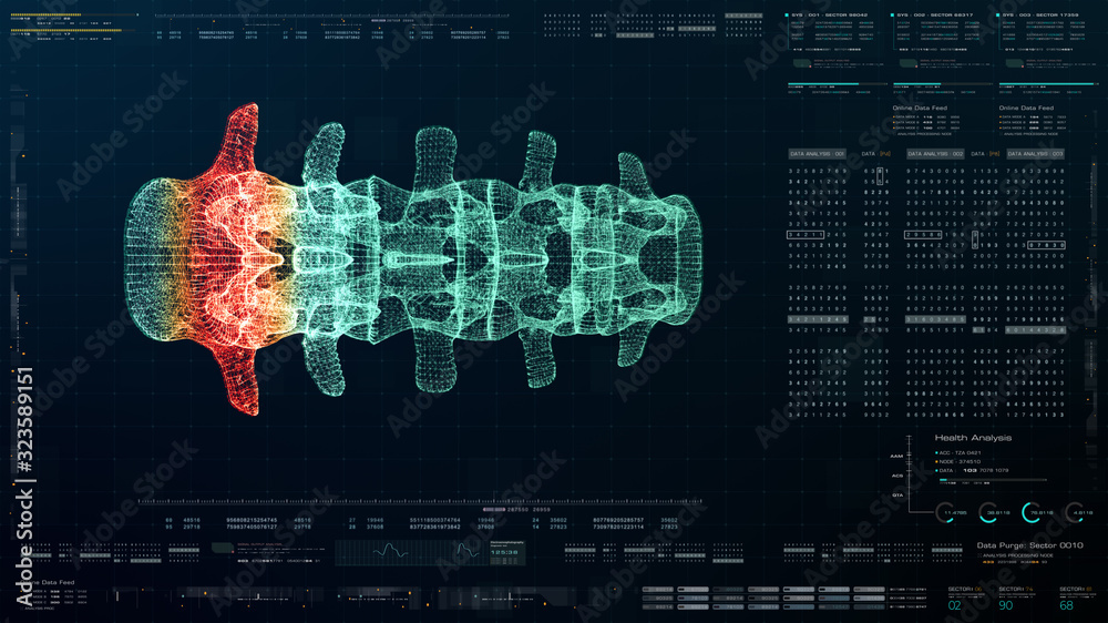 Poster Futuristic head up display motion element virtual biomedical holographic human body scan neurological examination, axial skeleton, vertebral column, DNA and heart diagnostic for background display