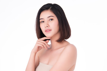 Beautiful Young Asian Woman with Clean Fresh Skin. Face care, Facial treatment, on white background, Beauty and Cosmetics Concept.