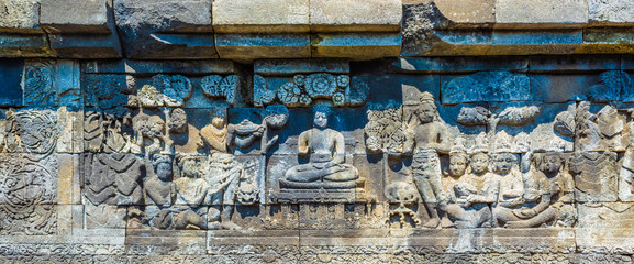 Stone carvings in Borobudur Temple, Magelang, Central Java, Indonesia. Borobudur Temple is the center for Vesak Day celebration in Indonesia,