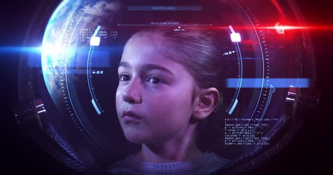 Brave Beautiful Little Girl Astronaut In Space Helmet Looking At Camera. She Is Exploring Outer Space In A Space Suit. Science And Technology Related VFX 4K Concept Footage.