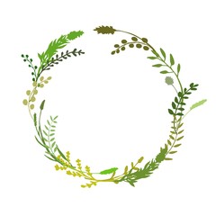Wreath made in circle. Hand drawn leaves, herbs, branch and flowers. Floral wreath. Greenery decorative element great to place text, quote or logo. Vector