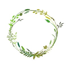 Floral wreath made of grass in circle. Hand drawn wild herbs and flowers. Botanical illustration. Great to place text, quote or logo. Round frame or border. Vector