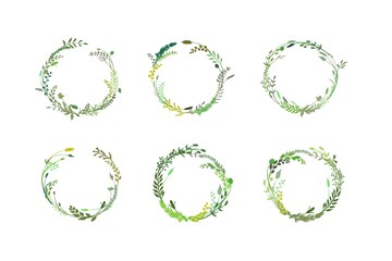 Round border made of hand drawn herbs and flowers. Floral wreath. Herbal frame. Greenery set isolated on white. Vector rustic design great for spring or summer theme or to ornate quote