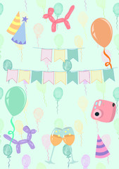 Fototapeta premium Holiday card. Balls, flags and garlands. Place for text. Design for birthday and party.