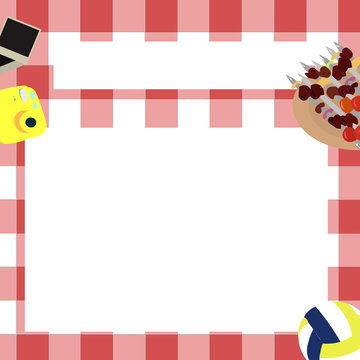 Picnic. Checkered plaid and food. Summer rest. Place for text. Flyer design.