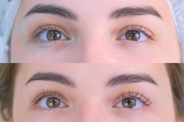Woman's lashes after and before beauty procedure of eyelash lifting and laminating in beauty clinic, eyes closeup. Young woman in cosmetology clinic with open eyes. Lift of lash and eyelash. - obrazy, fototapety, plakaty
