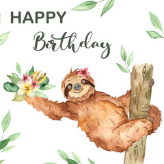Watercolor card with a cute sloth with flowers for a birthday © MarinaErmakova