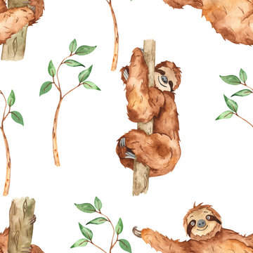 Watercolor seamless pattern with cute sloths and branches with leaves on a white background