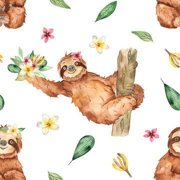 Watercolor seamless pattern with cute sloths and tropical flowers and leaves on a white background