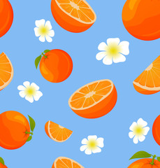 Seamless pattern with oranges and slices.Tropical citrus fruit.Flat vector illustration.
