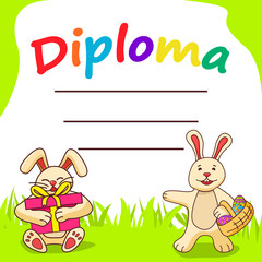 Diploma template for kids.Cartoon character rabbit with gifts and easter bunny with eggs.Flat illustration vector.