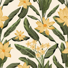 Green leaves flowers seamless yellow background