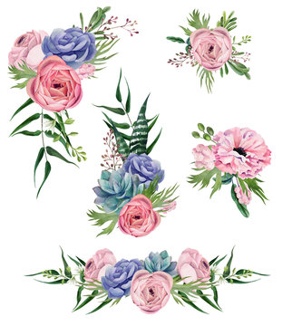 Watercolor floral arrangement, hand drawn vector image
