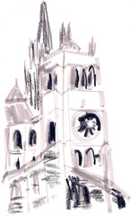 graphic drawing of a medieval cathedral in Geneva