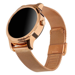 Wireless smart watch in a round shiny gold case and a metal strap on a white background. Three quarter view
