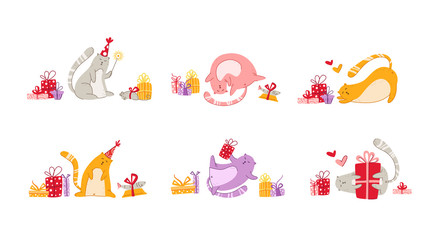 Cats birthday party set funny kittens in festive hat, gift boxes and presents, toys, birthday cake and drink, cute vector isolated cartoon characters on white background for greeting card, poster
