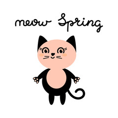 Pink cat , cute face. Meow Spring , text. Kawaii animal. Cute cartoon funny character. Vector Flat design isolated on white background.