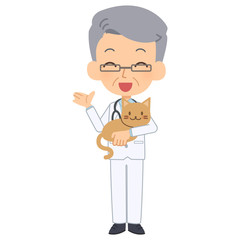 説明をする笑顔の獣医と猫