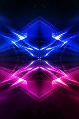 Abstract dark neon background with rays and lines. Blue and pink, purple neon light. Symmetrical reflection, mirroring. Modern futuristic geometric background.