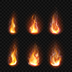 Realistic fire, torch flame icons set isolated on transparent background. Burning campfire or candle blaze effect, glow orange and yellow shining flare with steam, 3d vector illustration, clip art
