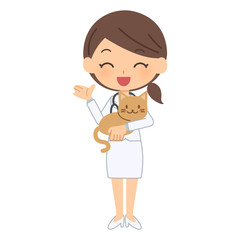説明をする笑顔の獣医と猫