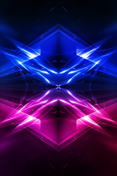Abstract dark neon background with rays and lines. Blue and pink, purple neon light. Symmetrical reflection, mirroring. Modern futuristic geometric background. © MiaStendal