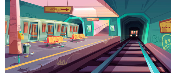 Metro station, arriving train to empty subway platform from underground tunnel. Vector cartoon illustration of messy subway interior with trash, graffiti on seats and walls in ghetto area © klyaksun