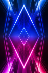 Fototapeta na wymiar Abstract dark neon background with rays and lines. Blue and pink, purple neon light. Symmetrical reflection, mirroring. Modern futuristic geometric background.