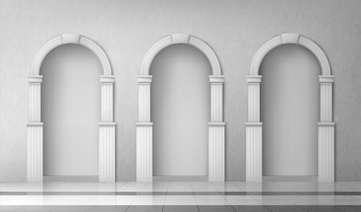 Fototapeta na wymiar Arches with columns in wall, interior gates with white pillars in palace or castle, archway frames, portal entrance, antique alcove round doorway decoration element, Realistic 3d vector illustration