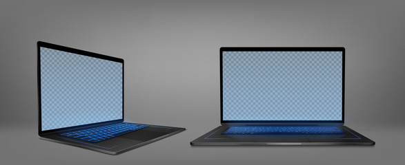 Laptop computer with blue backlit keyboard and blank screen front and angle view. Vector realistic mockup of modern notebook, portable desktop pc with empty monitor display and neon keys backlight