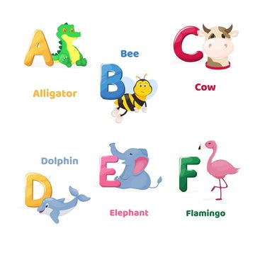 Alphabet printable flashcard letter A B C D E F. Zoo animals for english language education.