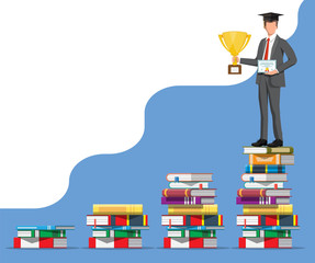 Businessman on stack of books. Business man with trophy. Education and study. Business success, triumph, goal or achievement. Winning of competition. Vector illustration flat style