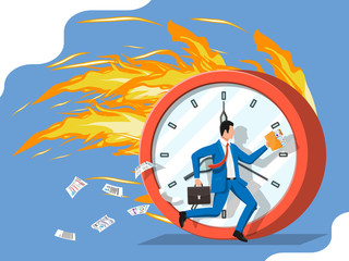 Big burning clock and businessman is fast running with waving necktie and briefcase. Business man rushing hurry to get on time. Time is money. Flat vector illustration