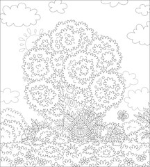 Small wooden house from a fairytale with decorations, a porch and a fence under a big branchy tree on a pretty forest glade, black and white vector cartoon illustration for a coloring book page