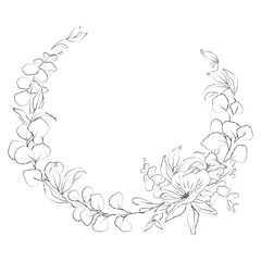 Fototapeta na wymiar Botanical sketched floral frame. Line art hand drawn plants.