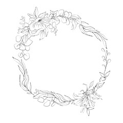 Botanical sketched floral frame. Line art hand drawn plants.