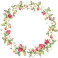 Floral round wreath of strawberries. Hand drawn watercolor illustration.