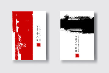 red black ink brush stroke on white background. Japanese style.