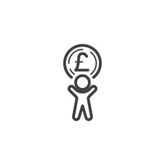 Man with British Pound coin line icon. linear style sign for mobile concept and web design. Making and Saving Money outline vector icon. Currency exchange symbol, logo illustration. Vector graphics