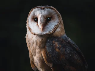Foto op Plexiglas Barn owl (Tyto alba) sitting on wooden fence. Dark background. Barn owl portrait. Owl sitting on fence. © Peter