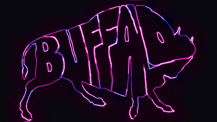 The text BUFFALO written in the shape of buffalo with neon light effect. animal text outline with neon light effect.