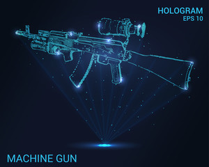 Hologram sniper rifle. Holographic projection of weapons. Flickering energy flux of particles. Scientific design of ammunition.