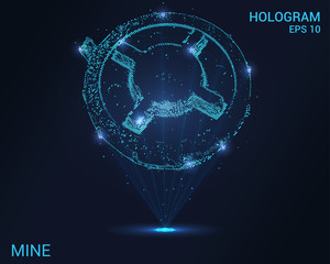 The hologram is landmine. Holographic projection of a landmine. Flickering energy flux of particles. The scientific design of the weapon.