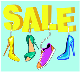  Shopping sale banner. Shoes sale in store. Set of Colorful fashion women's shoes,open shoes. Wall stickers
