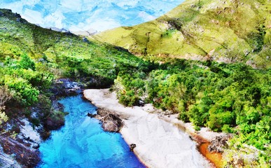 Naklejka na ściany i meble Landscape with blue mountain river and trees